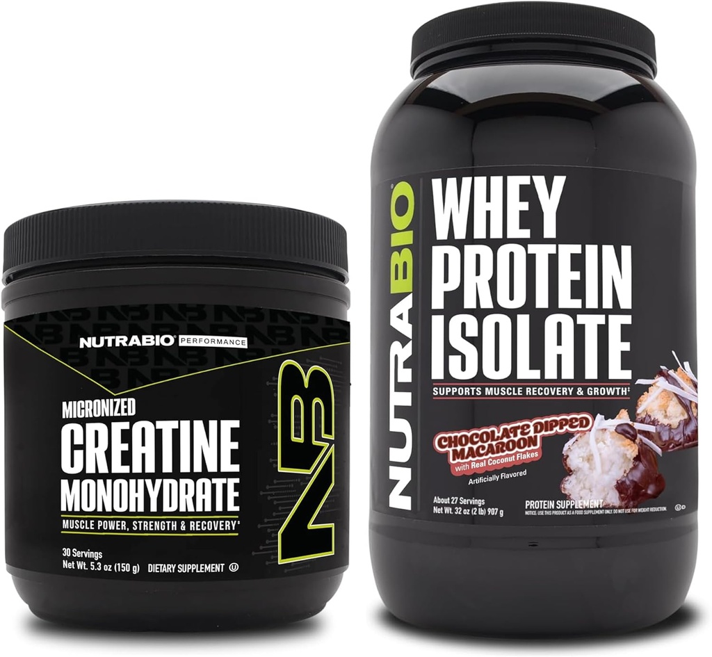 NutraBio Créatine monohydratée, non aromatisée, Isolée de protéines de 150g et de lactosérum, Macaroon trempé au chocolat, lot supplémentaire - Énergie musculaire, croissance musculaire maigre, récupération et force