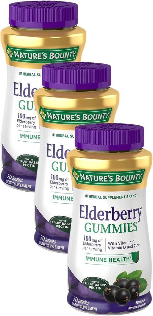 Nature's Bounty Elderberry Gummies, Nahrungsergänzung, Unterstützt Immungesundheit, Enthält Vitamin A, C, D, E und Zink, 100 mg, 70 Gummies (Pack von 3)