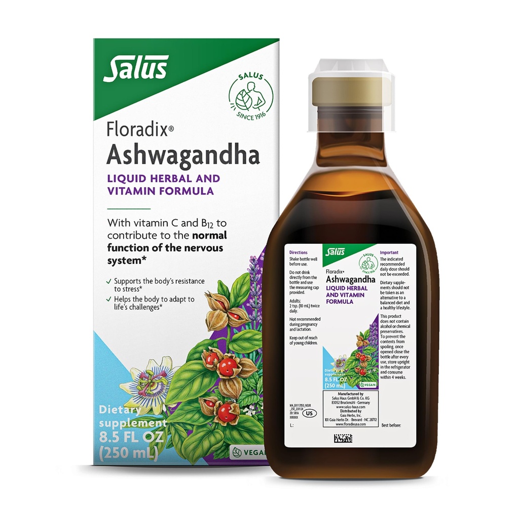 Floradix Ashwagandha Liquid Herbal & Vitamin Formel - Kräuterergänzung mit Ashwagandha Extrakt, Vitamin C, B12 & More - für Stressunterstützung - Gentle to Digest - Vegan & Non-GMO - 8,5 fl oz