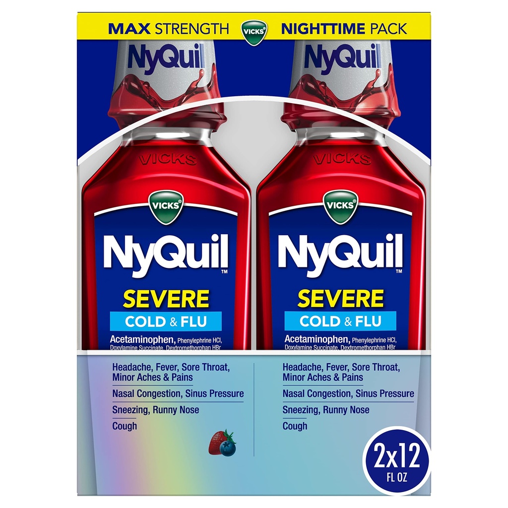 Vicks NyQuil SEVERE Médecine du rhume, de la grippe et de la congestion, 2x12 fl oz Twin Pack, Arôme de baie, Force maximale, Relief nocturne