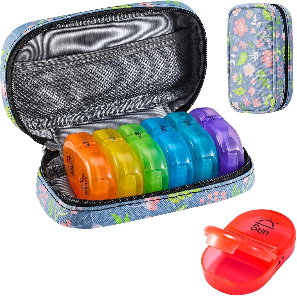 Serfeymi Weekly Travel Pill Organizer 2 mal ein Tag AM Upgrade Regenbogen Pille Box 7 Tag mit tragbaren Reißverschluss PU Leder Pille Fall, Medizin Organizer für Pillen, Vitamine, Fischöle - Floral 02