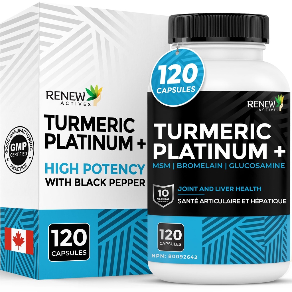 Renew Actives Turmeric Platinum 1350MG pro 3 Kapseln mit schwarzem Pfeffer & Ginger – Antioxidans, Leber & Verdauungsunterstützung – Reduziert Entzündung & Boosts Immunität – Made in Canada – 120 Kapseln