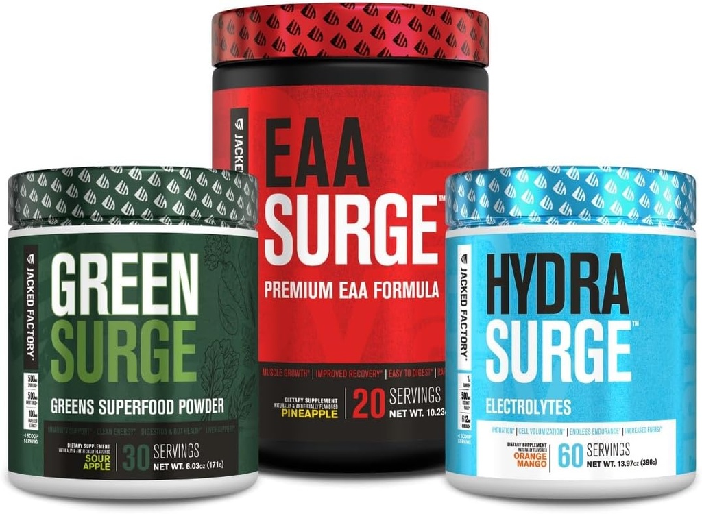 Jacked Factory Green Surge Green Superfood Pulver, Hydrasurge Elektrolyt Hydration Supplement, EAA Surge EAA Ergänzung
