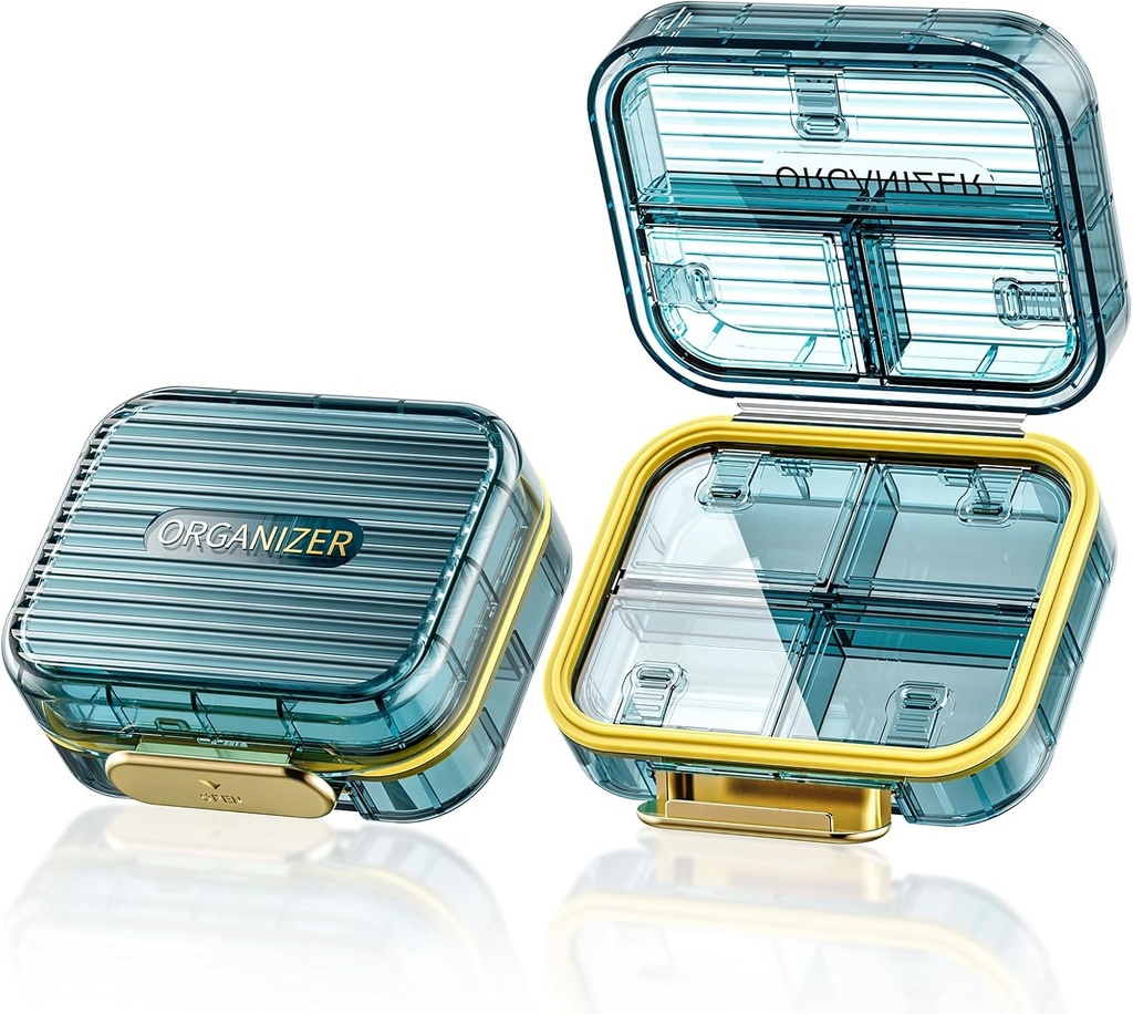 Small Pill Box, Travel Pill Case, Acedada Daily Pill Container für Geldbeutel, Feuchtigkeitsdicht 7 Komponenten Pillenhalter, Stylish Portable Medicine Vitamin Organizer für Nahrungsergänzungsmittel Fischöle, Blau