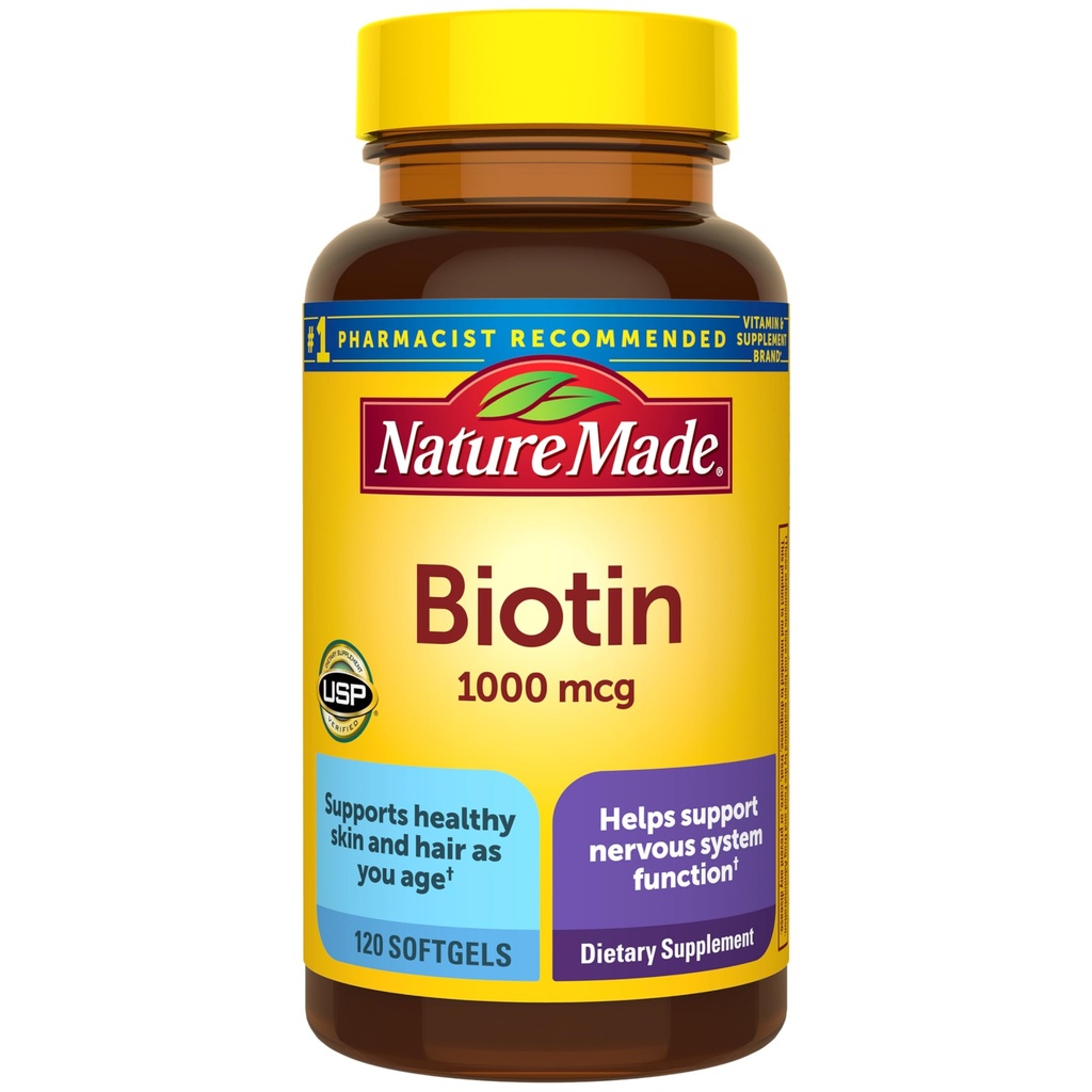 Nature faite Biotine 1000 mcg Softgels, Biotine Vitamines complément alimentaire, soutient les cheveux et la peau sains, 120 Softgels, 120 jours d'approvisionnement