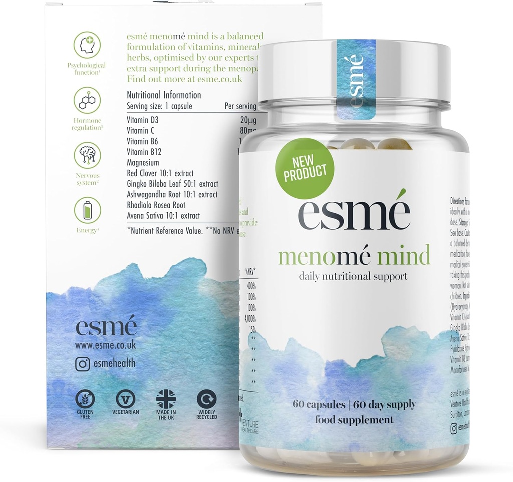 esmé menomé Mind - Tägliche Ernährungsunterstützung vor, während und nach der Menopause – Zwei Monate Versorgung von 60 Kapseln, Enthält ashwagandha und Gingko biloba