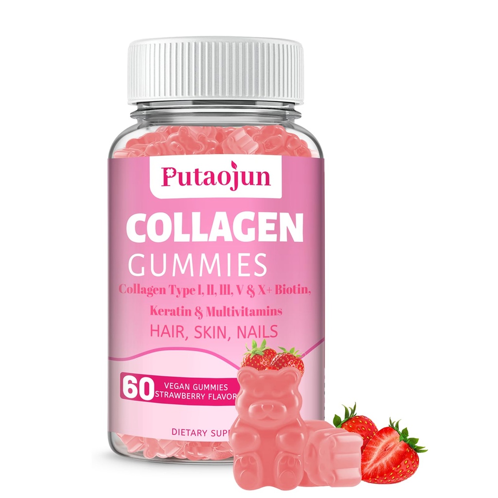 Collagène Gommies de cheveux, de peau et de ongles Gommies avec de la vitamine C, E et Zinc de biotine Collagène pour les femmes Collagène pour les femmes Collagène pour les fraises