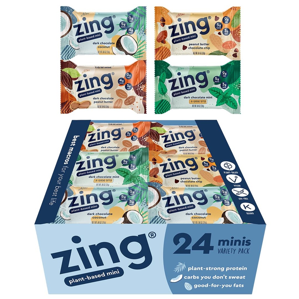 Zing Kids Protein Bars Variety Pack, Gluten Free 100 Calorie Mini Bars mit High Protein, Vegan Nutrition Bars, Dairy Free Plant Based Protein - 24 Anzahl