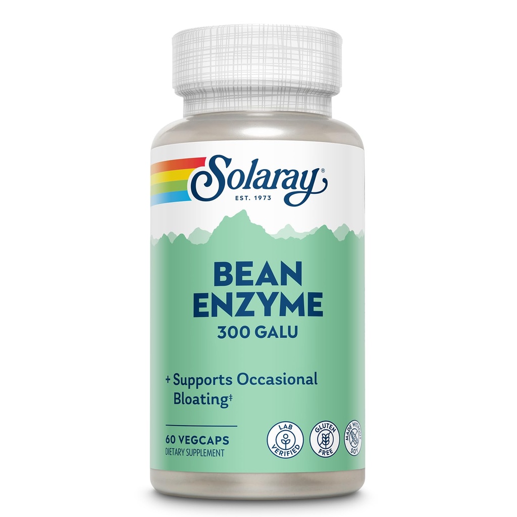 SOLARAY Bean Enzyme 300 GalU - Alpha Galactosidase Verdauungsenzyme für Frauen und Männer - Verdauungs-Gesundheits-Ergänzung - Unterstützt okziale Bloating und Gas Relief für Erwachsene - 60 Servietten, 60 VegCaps