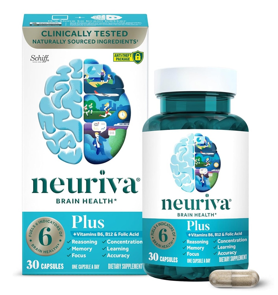 NEURIVA Plus Brain Supplement für Speicher, Fokus & Konzentration + Kognitive Funktion mit klinisch getesteten Nootropics Phosphatidylserin und Neurofactor, Vitamine B6 & B12, 30 Zählkapseln