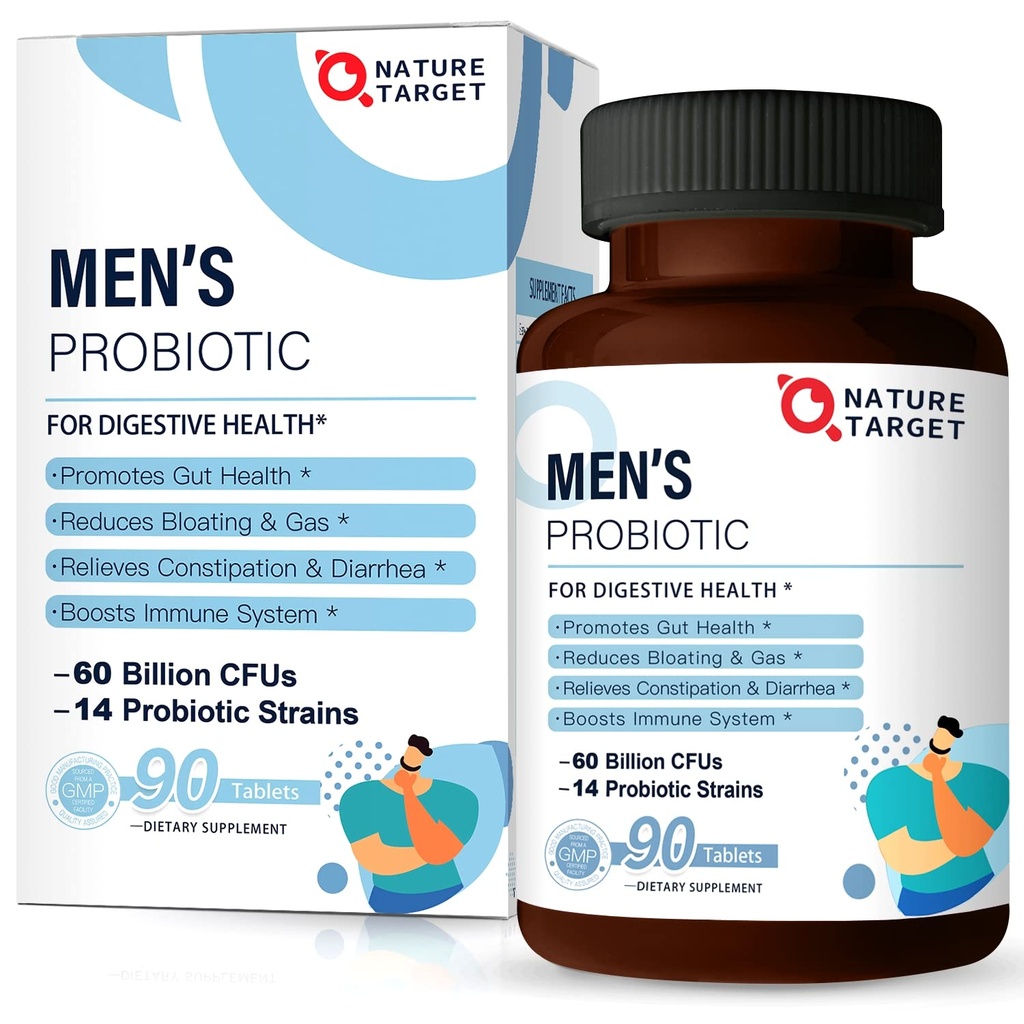 NATURE TARGET Probiotics für Männer mit Men Care Supplement, Prebiotics & Probiotic für Männer Verdauungs- und Immungesundheit, 60 Billion CFUs & 14 Strains Regal stabil, Gluten & Soy Free (90 Tabletten)