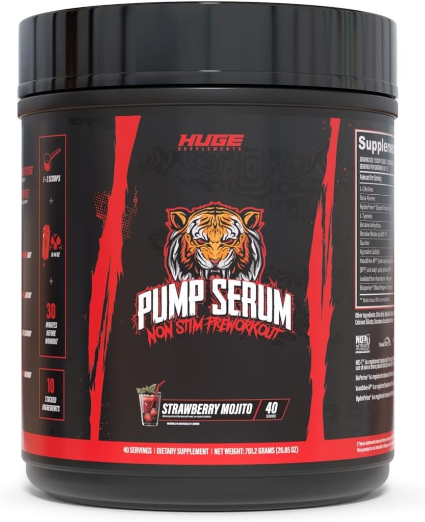 D'énormes suppléments pompe Sérum, Stim libre préentraînement et booster d'oxyde nitrique pour améliorer la concentration, les pompes, la satisfaction avec pas de caféine, L-Citrulline, GlycerPump, L-Tyrosine, Nitrosigine (Strawberry Mojito)