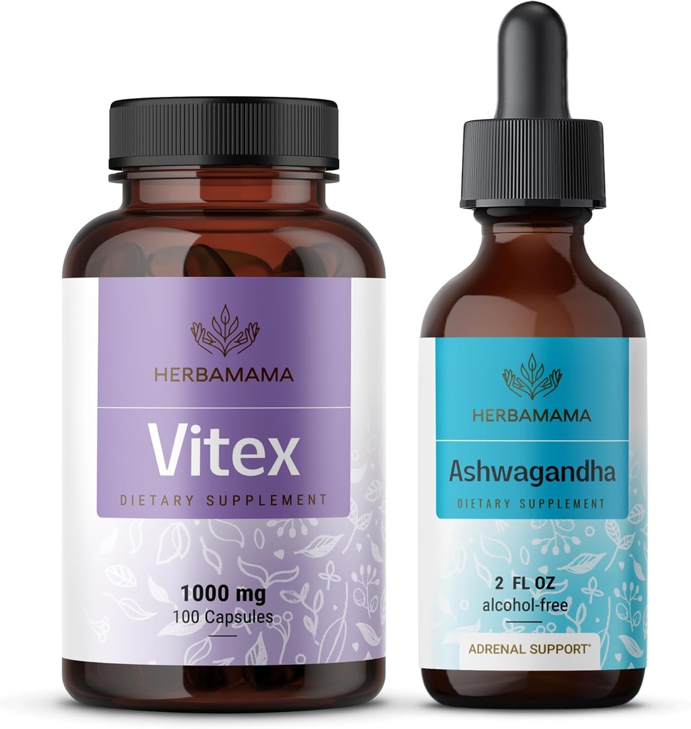 HERBAMA Vitex und Ashwagandha Kit - Bundle von 1000 mg Vitex Chasteberry Capsules & Ashwagandha Liquid Drops 2 fl oz - Vegan, Non-GMO, Sugar & Alcohol-Free - 2 Pack