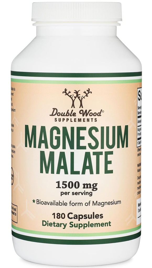 Capsules de malate de magnésium (180 Nombre) - 1 500 mg par portion (Magnésium lié à l'acide malique), tiers testés, végétaliens amis, sans gluten par des suppléments en double bois