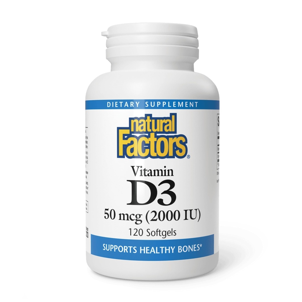 Natürliche Faktoren, Vitamin D3 2000 IU (50 mcg), unterstützt starke Knochen, Muskeln und Immunfunktion, 120 Softgels
