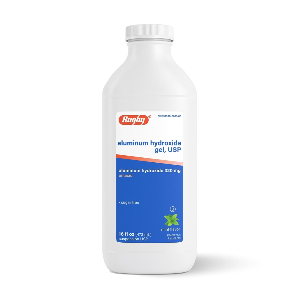 Rugby 320 mg Aluminium Hydroxide Gel, USP - Antacid Liquid - Upset Stomach, Acid Indigestion, and Heartburn Relief - Sugar-Free - Mint Flavored - 16 Fl. Oz (1 Pack)