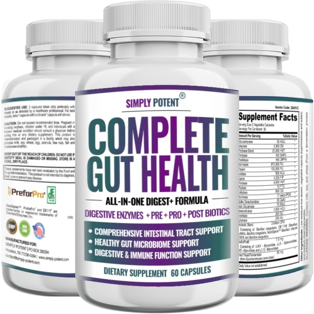 Vollständige Gut-Gesundheit, Verdauungsenzyme Plus Prebiotic, Probiotic & Post Biotic Gastrointestinal-Unterstützung, unterstützt Gut-Gesundheit & Immun-Funktion, 60 Kapseln