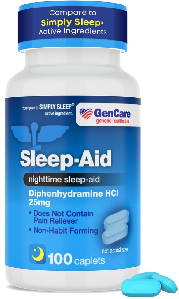 GenCare - Schlafhilfe Diphenhydramine HCL 25mg Blue Caps (100 Caplets) - Non Habit Forming Nighttime Schlaftabletten für Erwachsene, um schneller und tiefer durch die Nacht schlafen - Schlafhilfen