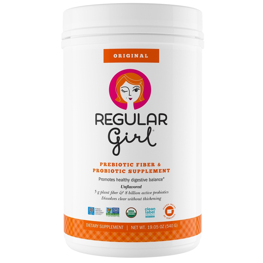 Regular Girl Organic Powder, Prebiotic Fiber Supplement und Probiotics für Damen, Low FODMAP, 90 Day Bulk Supply, Unflavored, 90 Portionen
