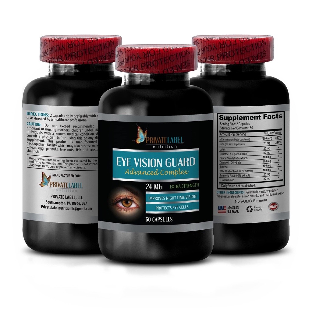Vision Vitamine mit Lutein - Eye Vision Guard 24 MG - Advanced Complex, Eye Vision Support, Lutein Supplements, Vitamin A Supplement, Kurkumaextrakt, Bilberry Extract, Taurine, 1 Bot 60 Kapseln