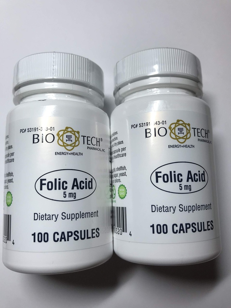 Folsäure 5mg - BioTech Pharmacal - 100 Kapseln - Paket von 2