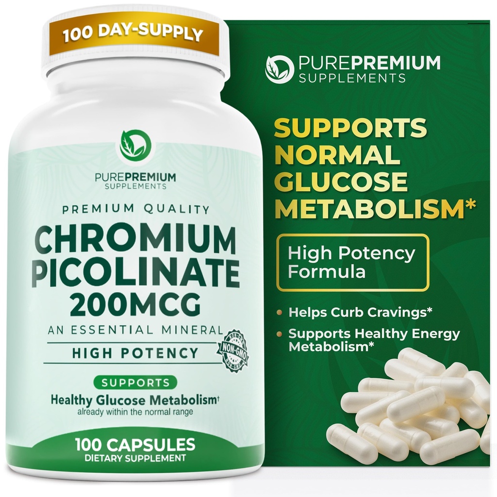 PurePremium Chromium Picolinate 200mcg - High Potency Chromium Supplements - Essential Mineral Health Support für Männer / Frauen - Glutenfrei - 3 Monate Versorgung - 100 Kapseln