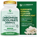 PurePremium Chromium Picolinate 200mcg - Suppléments de chrome de haute puissance - Soutien essentiel à la santé minérale pour les hommes/femmes - Sans gluten - 3 mois d'approvisionnement - 100 capsules
