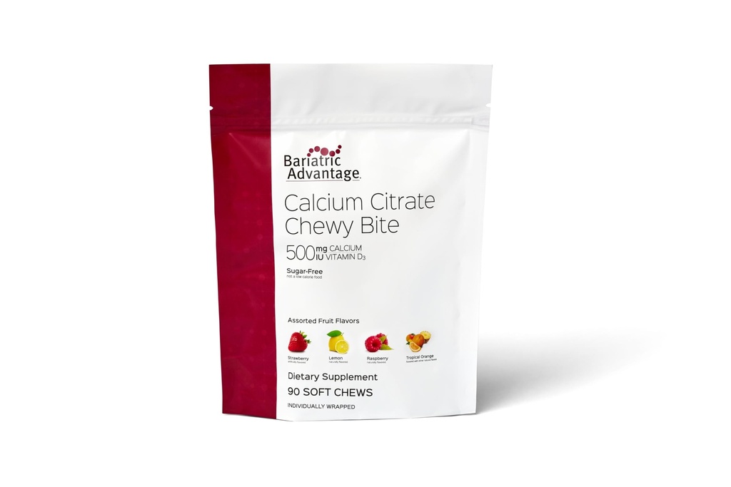 Avantage bariatrique Citrate de calcium Morceaux à croquer 500 mg - Très absorbant et digestible - Vitamine D3 - Supplément de calcium facilement à croquer - Fruits assortis - 90 Nombre