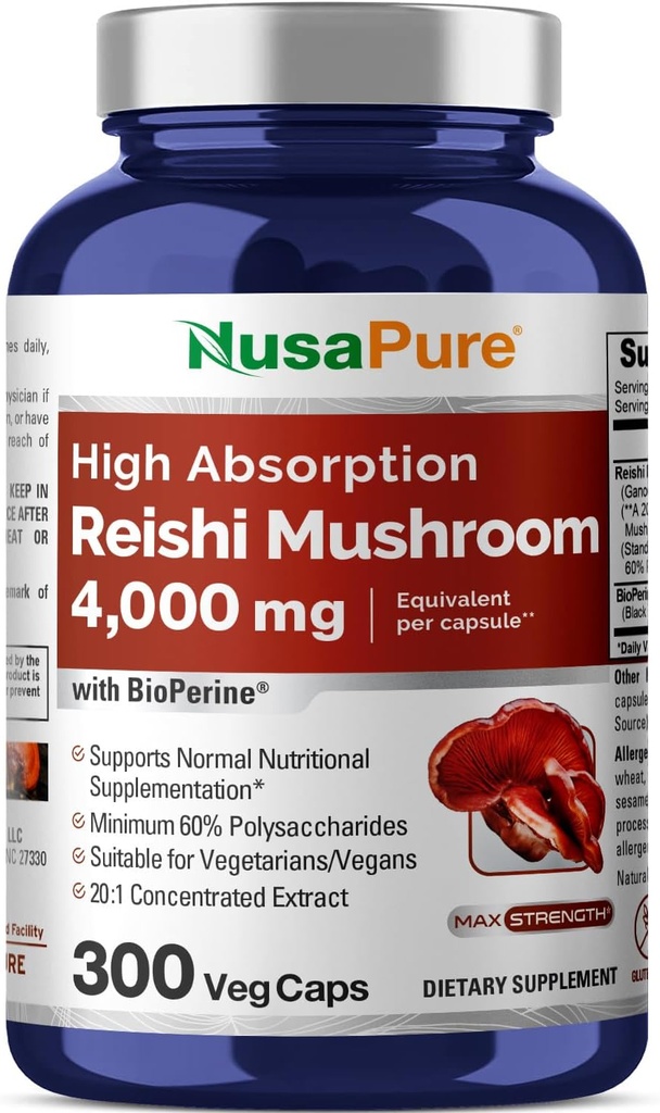 NusaPure Reishi Pilzextrakt 20:1 Extrakt, 200 mg Äquivalent zu 4000mg pro Kapsel 300 Veggie Caps Vegan, Non-GMO, Vegan