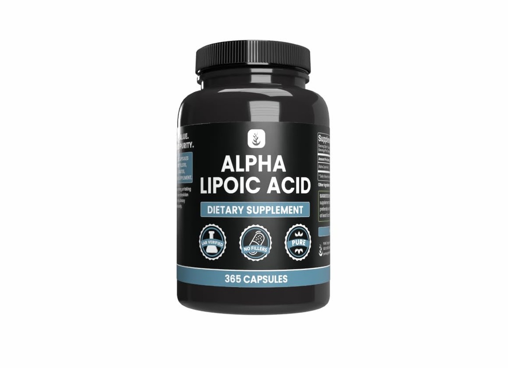 INGRÉDIENTS ORIGINAL DE PURE Acide alpha lipoïque (365 capsules) Pas de magnésie ou de remplissage de riz, toujours pur, vérifié en laboratoire