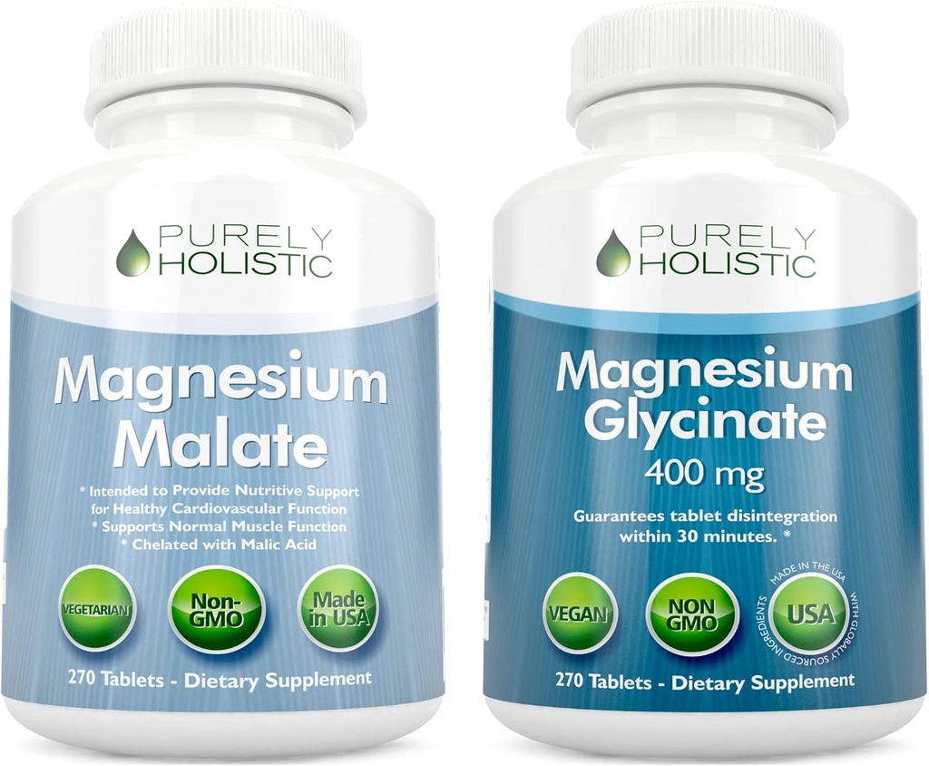 Magnesium Malate 400mg + Magnesium Glycinat 400mg - Hohe Absorption & hochverfügbare Bundle - 270 + 270 vegetarische Tabletten