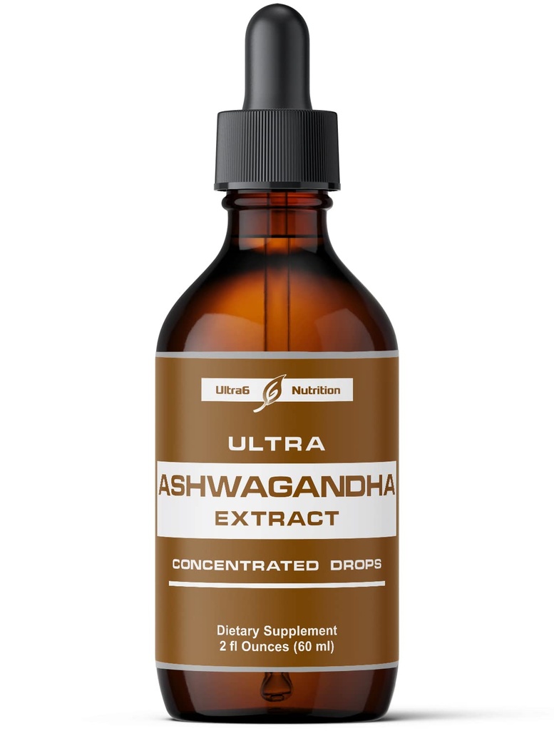 Ultra6 Nutrition Ashwagandha gouttes liquides - Suppléments bio Ashwagandha avec la teinture Rhodiola Rosea - Extrait de racine pour l'humeur et l'énergie - Supplément pour les hommes et les femmes