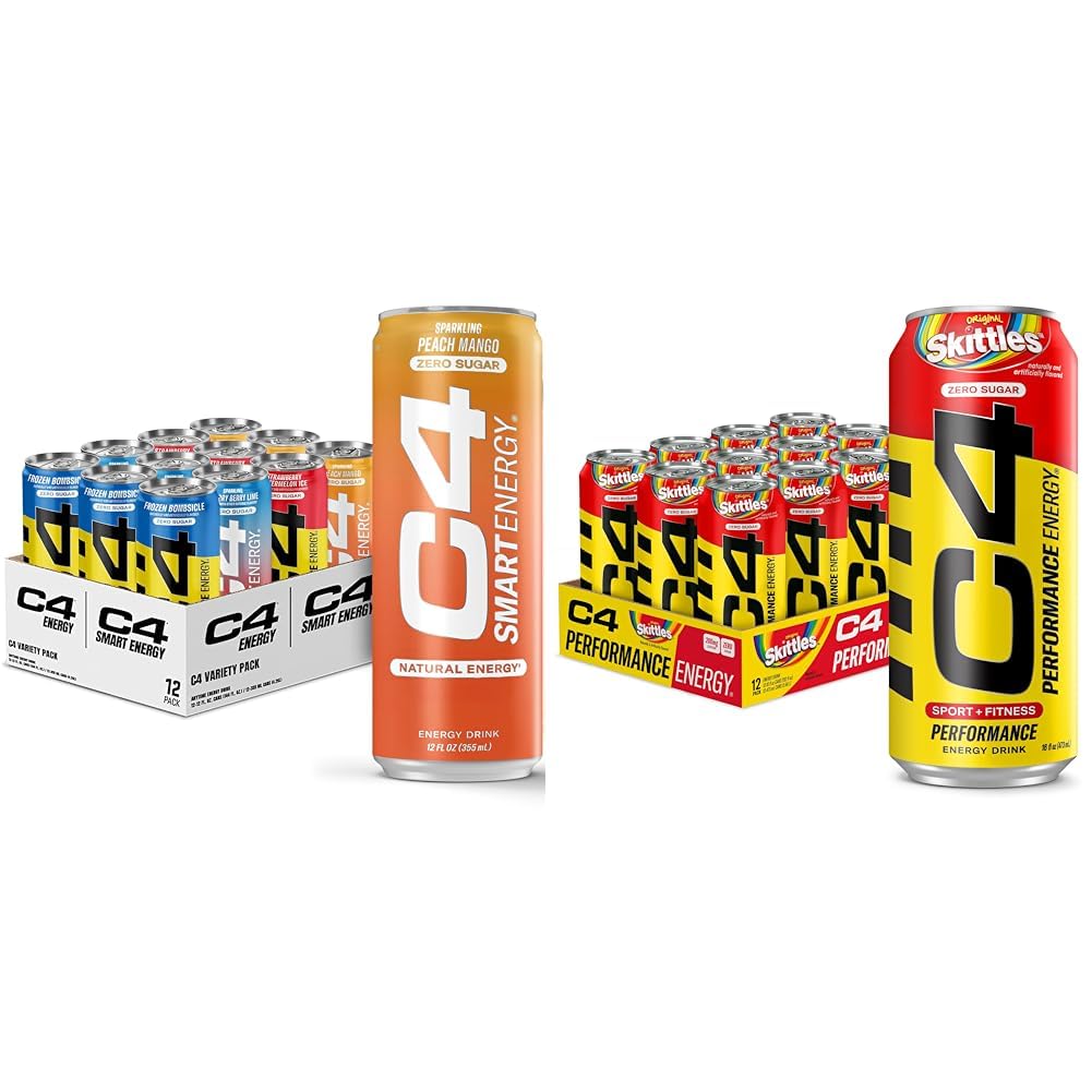 C4 Energy & Smart Energy Drinks Variety Pack, Sucre Free Pre Workout Performance Drink & C4 Energy Drink, Skittles, Sucre Carboné Free Pre Workout Performance Drink
