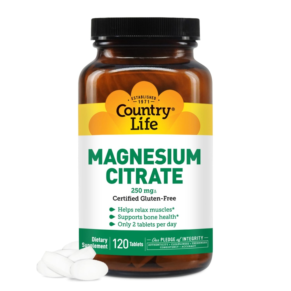 Country Life Magnesium Citrate 250mg - 120 Tablets - Supports Muscle & Nerve Function, Heart Rhythm, Healthy Immune System, Energy Production - Magnesium Complex Supplement