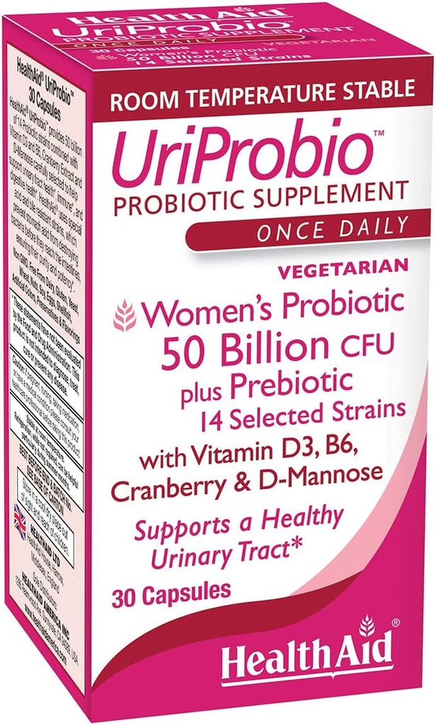 HealthAid UriProbio – 50 milliards de femmes UFC Probiotique avec prébiotique, canneberge, D-mannose, vitamine D3 et B6-L soutient le trac urinaire et le bien-être digestif, acide et résistant à la bile, végétalien