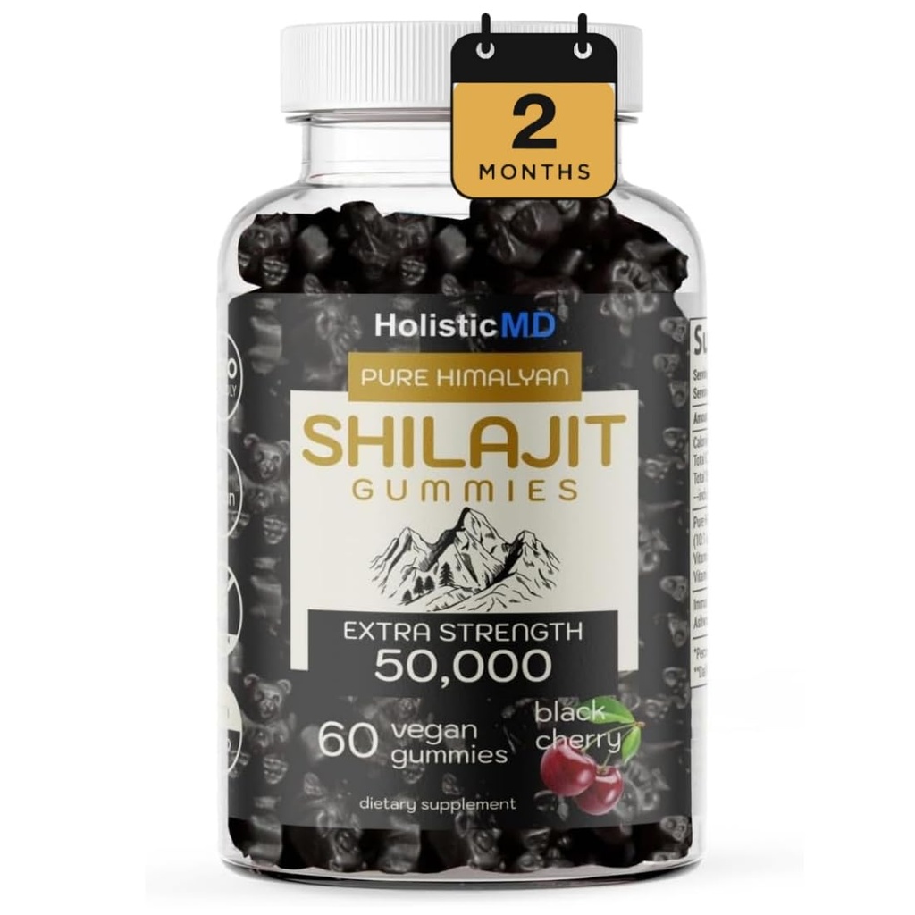 Shilajit Gummies für Männer Frauen Pure Himalayian Extra Strenght 50.000 Harz für Stoffwechsel Unterstützung Ashwagandha Sibirische Chaga | 2 Monate Versorgung Vegan Keto Freundliche Kirsche 60 Gummis