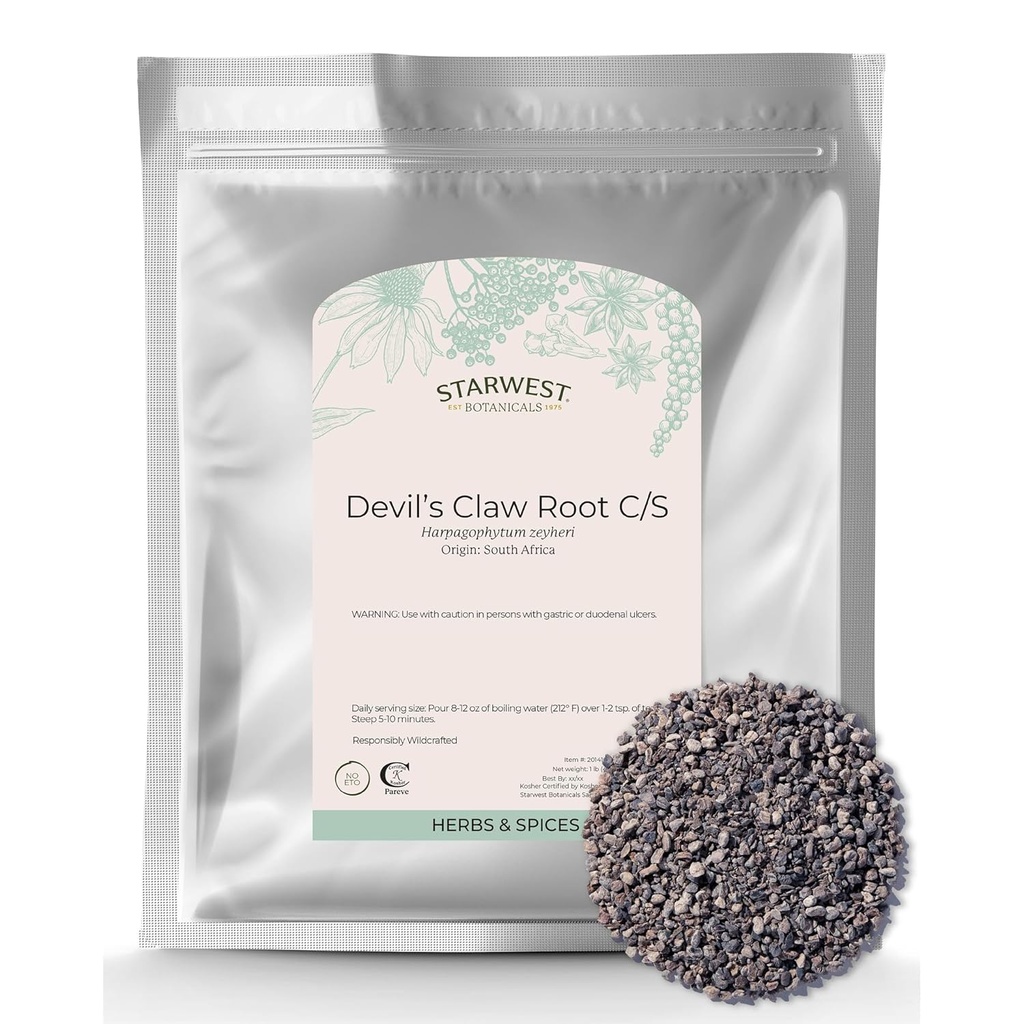 Starwest Botanicals Devil's Claw Root - Getrocknete Kräuter für Tee & Natürliche Kräutermischungen, Pure Devil's Claw Root, Cut & Sifted, Wildcrafted, Certified Kosher - Bulk 1 lb Bag