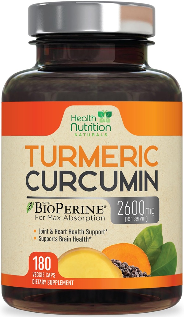 Kurkuma Ergänzung 2600mg - 95% Curcuminoide mit Organic Turmeric & BioPerine Black Pepper für beste Absorption, Nature's Vegan Joint Support, Non-GMO Tumeric, Bottled in USA - 180 Kapseln