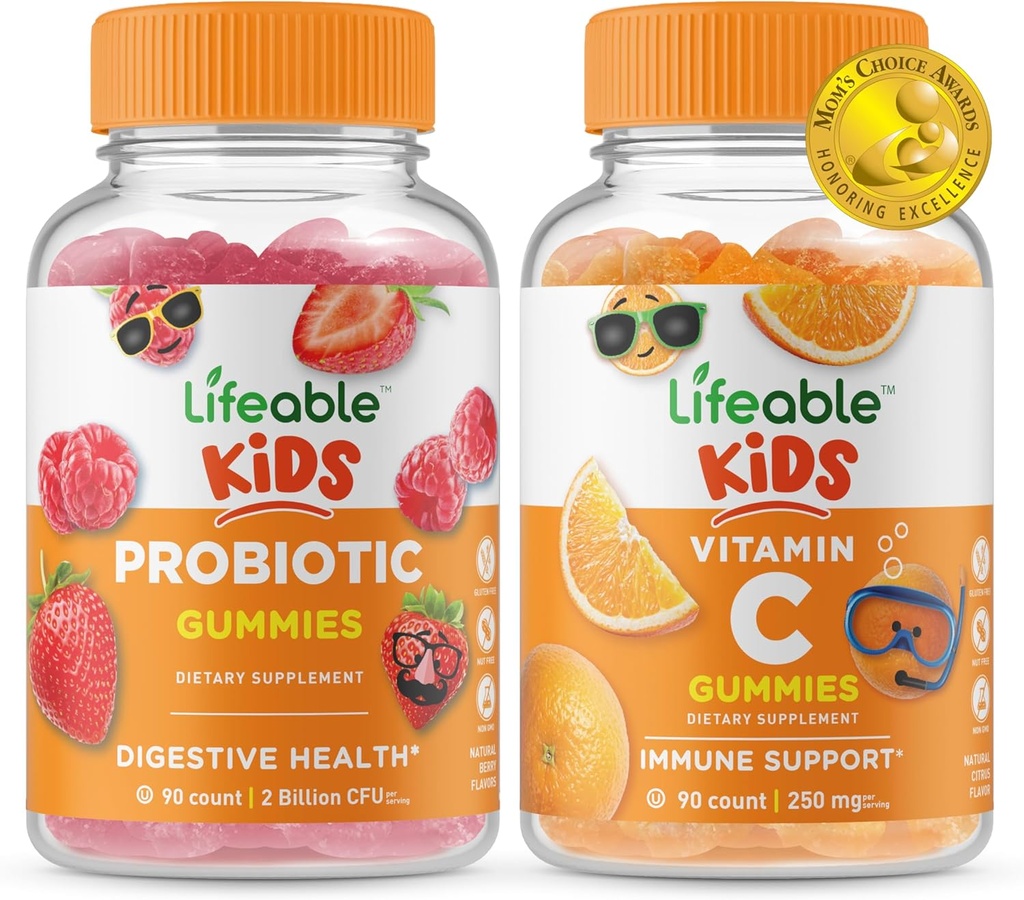 Lifeable Probiotic 2 Billion CFU Kids + Vitamin C Kids, Gummis Bundle - Große Verkostung, Vitamin-Ergänzung, Glutenfrei, GMO frei, Kaugummi