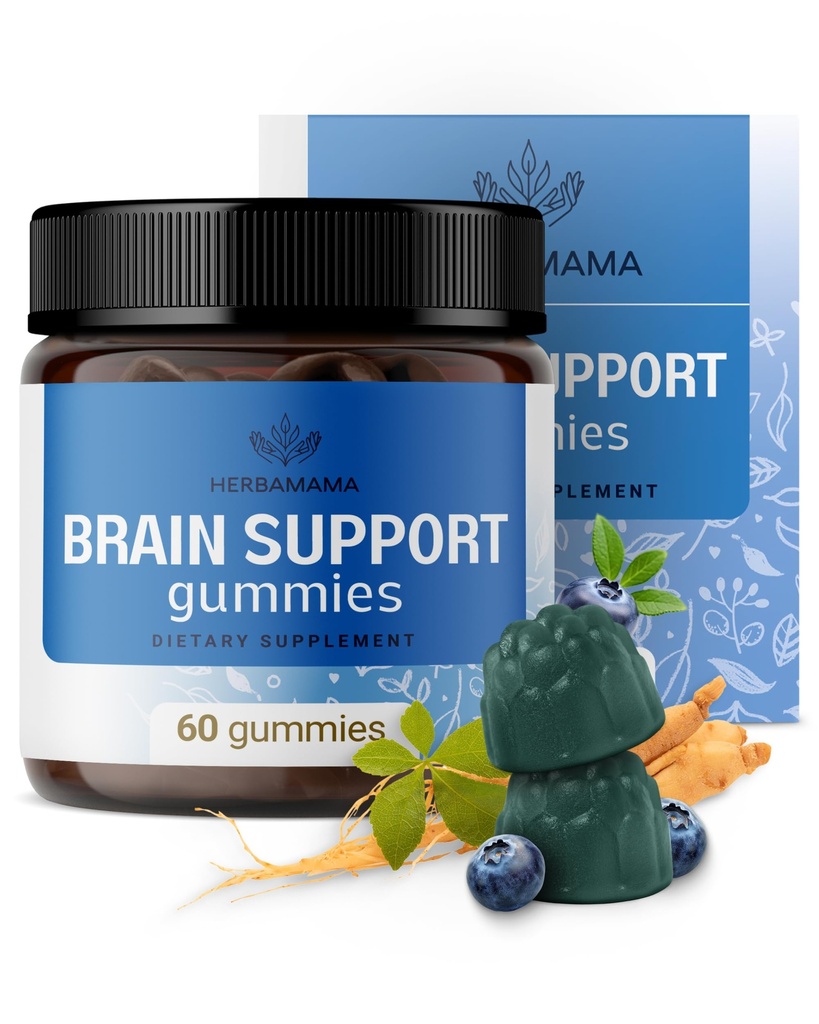 HERBAMA Brain Support Gummis – Brain Focus Supplements für Erwachsene mit Ashwagandha, Bacopa Monnieri, Vitamin C & B12 – Vegan, Non-GMO Calming Gummis – 60 Pectin-Based Blueberry-Flavored Chews
