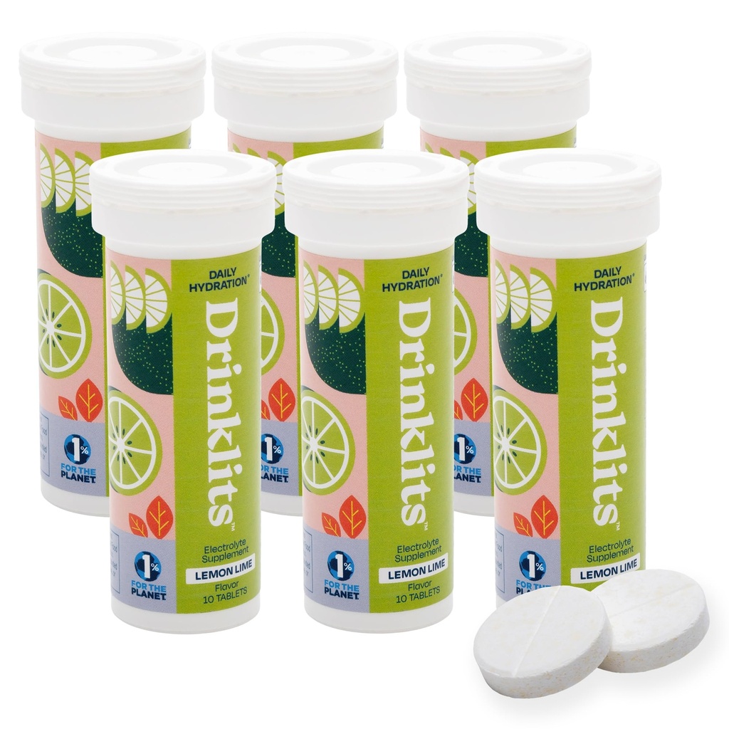 Drinklits Lemon Lime Electrolyte Fizzy Hydration Tablets (6) Tube Bundle | 0g Sugar - Natural Sports Drink - Essential Electrolytes | 60 Servings - 10 Tablets Per Tube