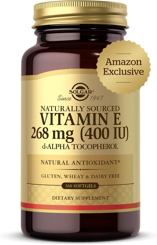 Solgar Vitamine E 268 mg (400 UI), 360 Alpha Softgels - Antioxydant naturel, peau et système immunitaire - Vitamine E d'origine naturelle - Sans gluten, sans lait - 360 portions