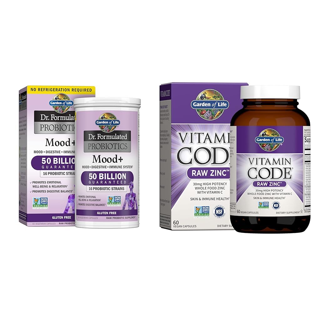 Jardin de la vie Dr Probiotiques Formulés Mood+ Acidophilus Probiotique Suppléments et suppléments de zinc 30mg Zinc brut à haute puissance et supplément multiminéral de vitamine C