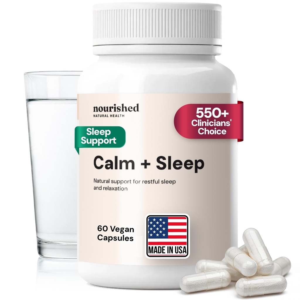 Nourished Natural Health Calm + Sleep – Relaxation & Melatonin-Free Sleep Supplement for Women, Cortisol Support with Ashwagandha, L-Theanine, Magnesium & Valerian Root – Vegan & Non-GMO – 60 Capsules