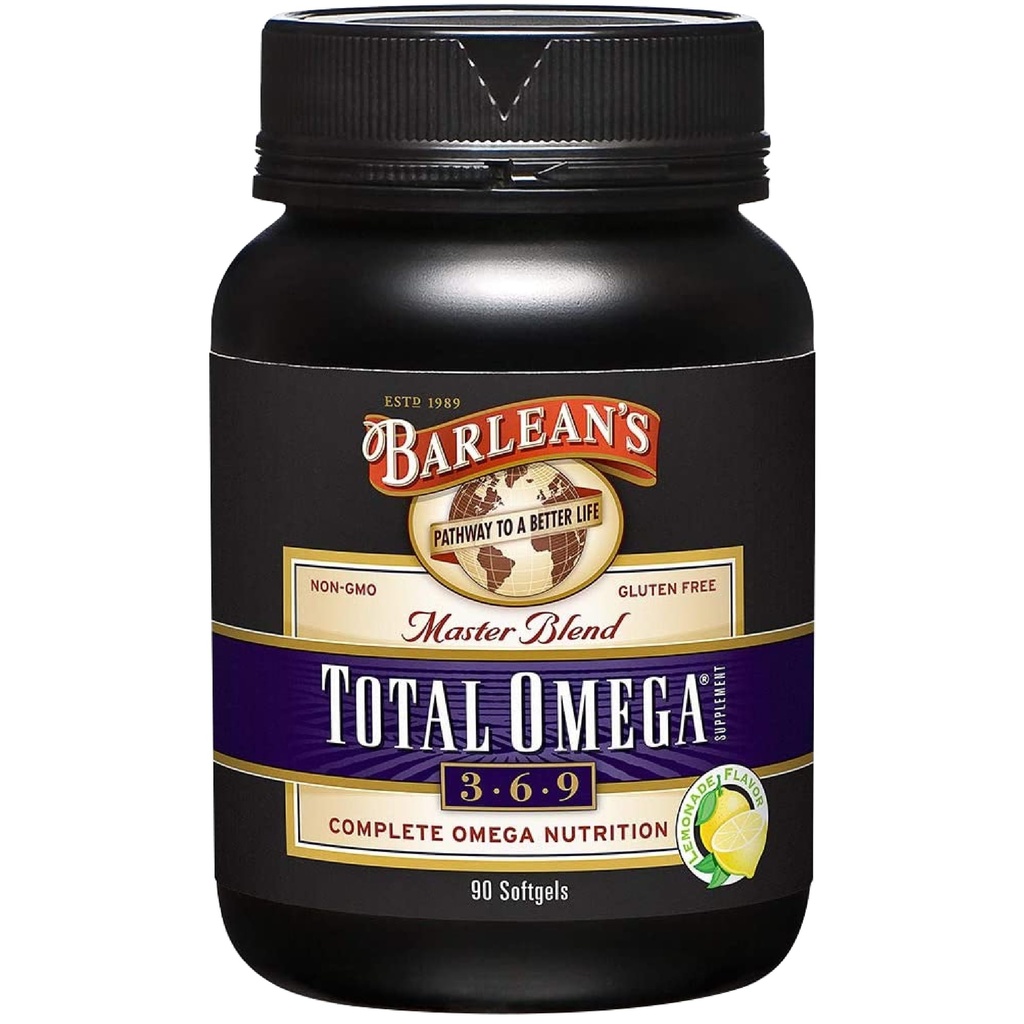 Barlean's Total Omega 3 6 9 Softgels, supplément d'huile de poisson mélangée avec l'huile de bore et de lin, 1 000 mg Omegas ALA, EPA, DHA et GLA pour les suppléments de soutien conjoints et la santé cardiaque, 90 Compte