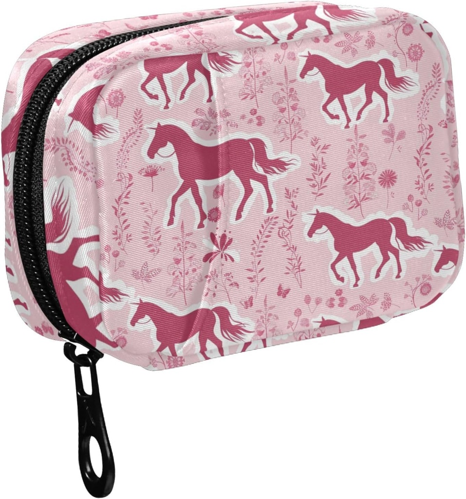 Fustylead Pink Horse Silhouette et éléments décoratifs botaniques Pill Organizer for Purse, Weekly Portable Pill Box with Zipper to Storage Vitamines Huiles de poisson Médicaments Suppléments