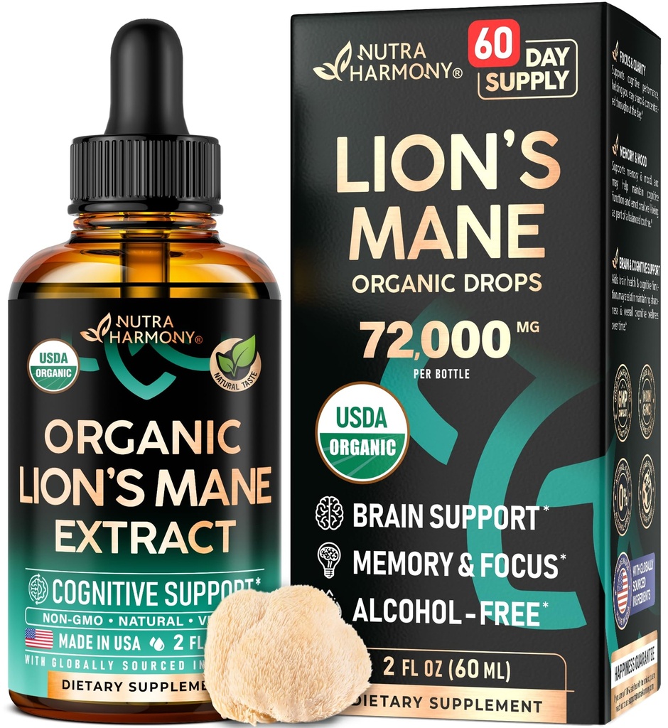 Lions Mane Liquid - USDA Certified Organic Lions Mane Supplement - Brain Support, Energy, Memory & Focus - Zucker & Alkoholfreie Lion's Mane Mushroom Extract 72.000 mg / Flasche, 2 Fl OZ, 2 Monate Versorgung