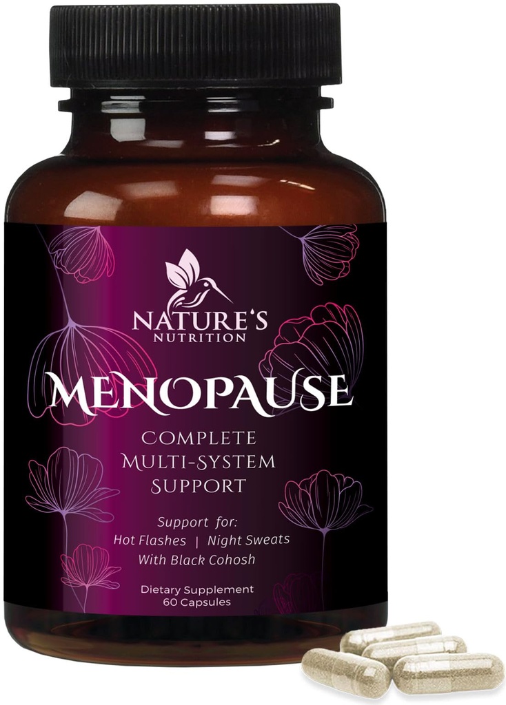 Suppléments de ménopause pour les femmes avec Cohosh Noir - Flash chaud et Hormone Soutien pour les femmes, Vitamines naturelles de soulagement de la ménopause Soutien doux et équilibre nuit, sans OGM et sans gluten - 60 capsules
