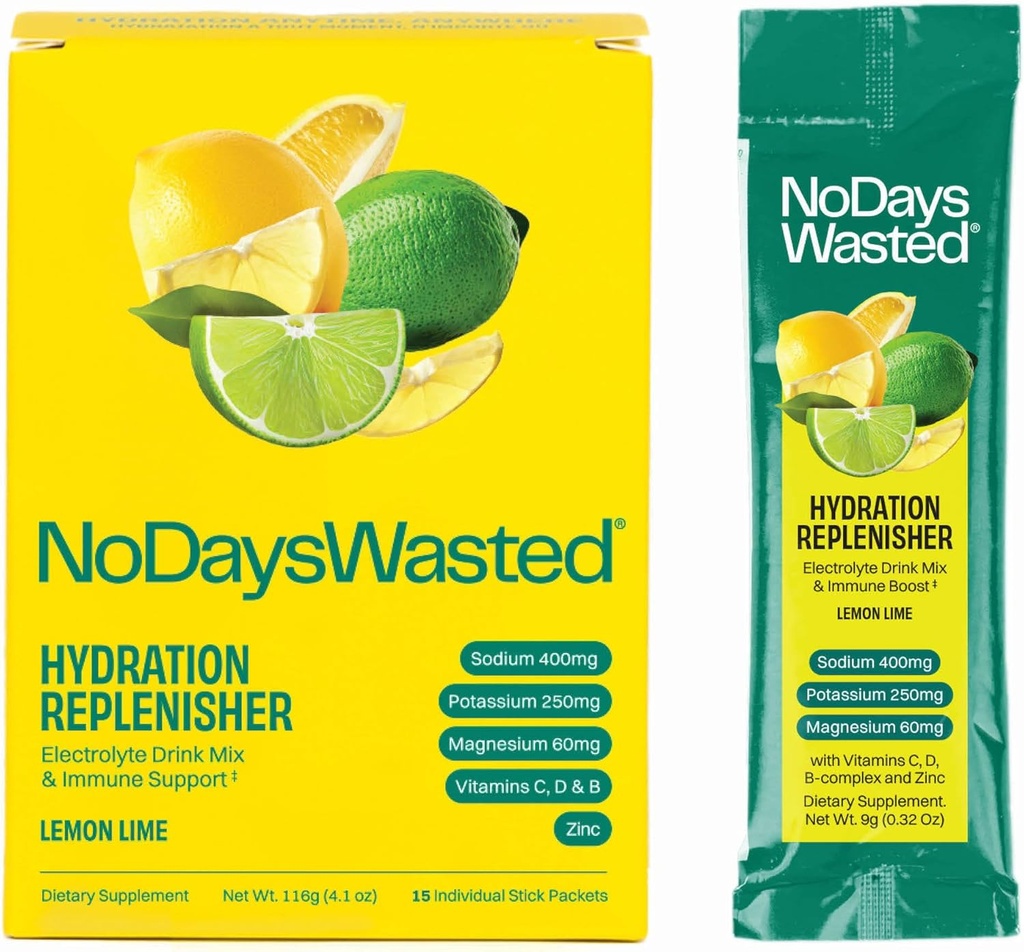 No Days Wasted Hydration Replenisher 15 Count - Elektrolyt-Pulver-Getränk-Mix - Zitronenlime - Natrium und Kalium für Rehydratisierung Plus Vitamine für Unterstützung (15 Zähler)