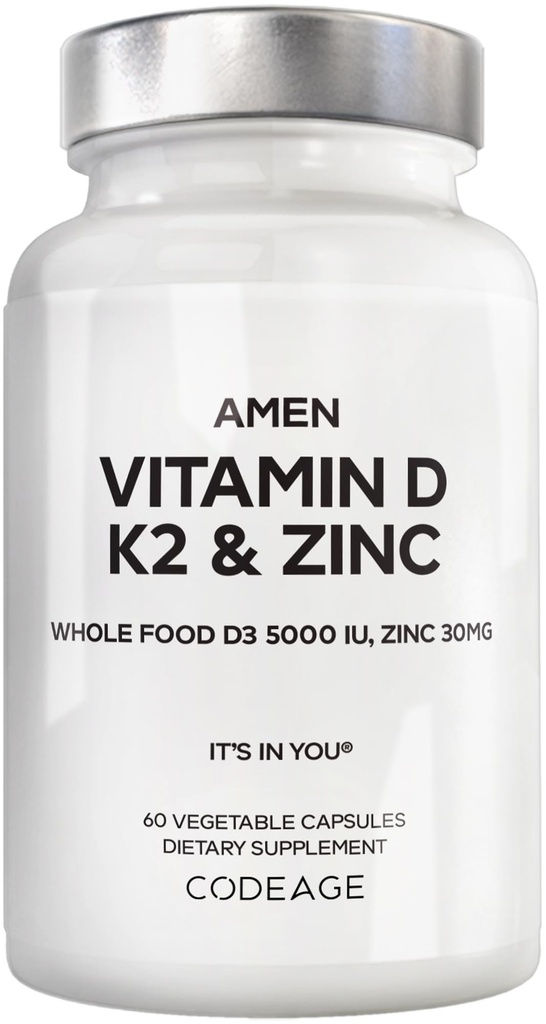 Amen Vitamin D, K2 & Zink, Cholecalciferol D3 5000 IU, Organic Whole Food Blend mit Apfel, Blueberry, Cranberry, Elderberry Powder Fruits, Vegan Supplement, D3 K2 Vitamine, Non-GMO - 60 Kapseln